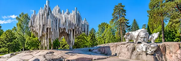 Sibelius Monument in Helsinki, Finland, featuring its abstract steel pipe sculpture and Jean Sibelius bust.