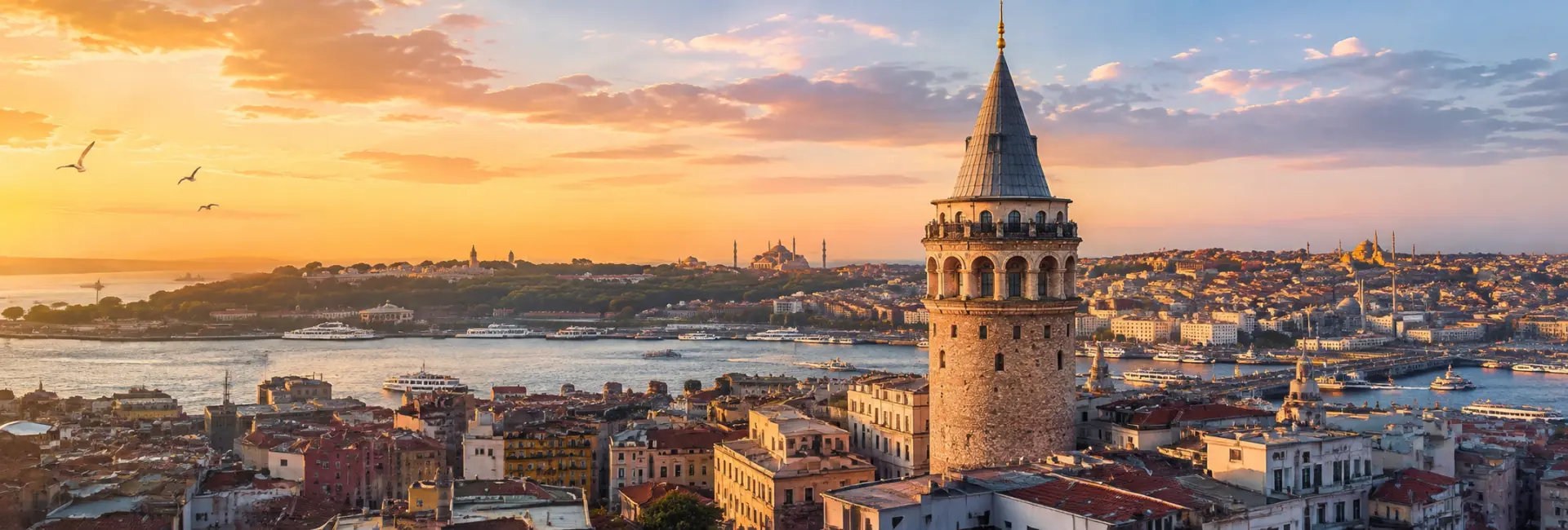 Galata Tower overlooking Istanbul’s historic skyline and Bosphorus at golden hour.