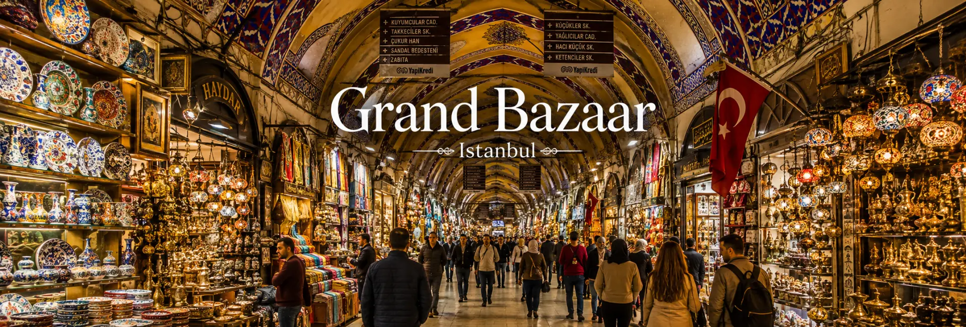 Grand Bazaar in Istanbul with colorful shops, ornate arches, mosaic lamps, and bustling shoppers.