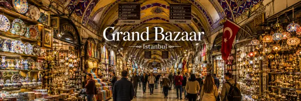 Grand Bazaar in Istanbul with colorful shops, ornate arches, mosaic lamps, and bustling shoppers.