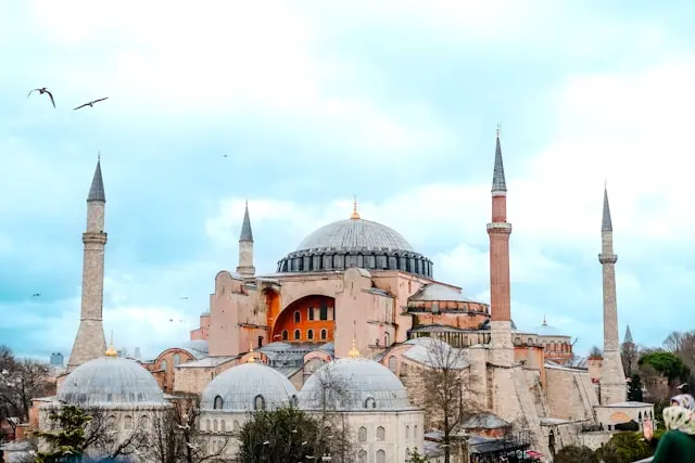 Hagia Sophia exterior in Istanbul with its central dome and four minarets.