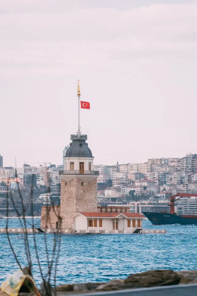 Maiden’s Tower on the Bosphorus with Istanbul’s densely built waterfront skyline behind it.