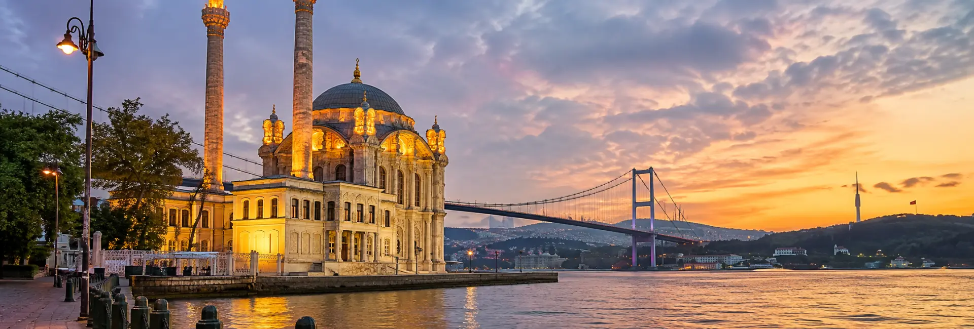 Ortaköy Mosque beside the Bosphorus at sunset in Istanbul