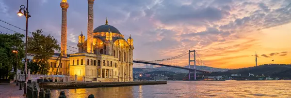 Ortaköy Mosque beside the Bosphorus at sunset in Istanbul