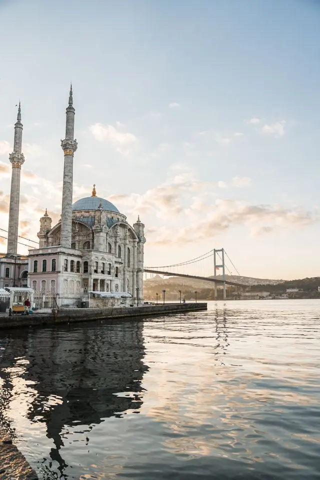 Ortaköy Mosque beside the Bosphorus with a suspension bridge