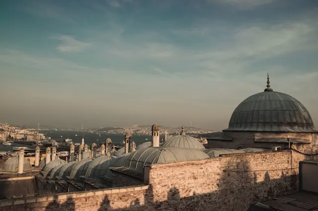 Süleymaniye Mosque domes overlooking Istanbul and the Bosphorus.