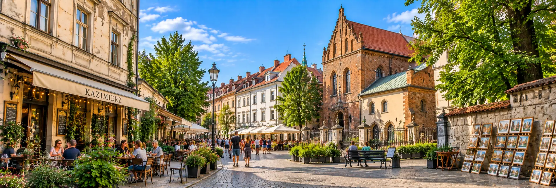 Kazimierz Jewish Quarter in Kraków, Poland, with historic buildings, cafés and cobblestone streets