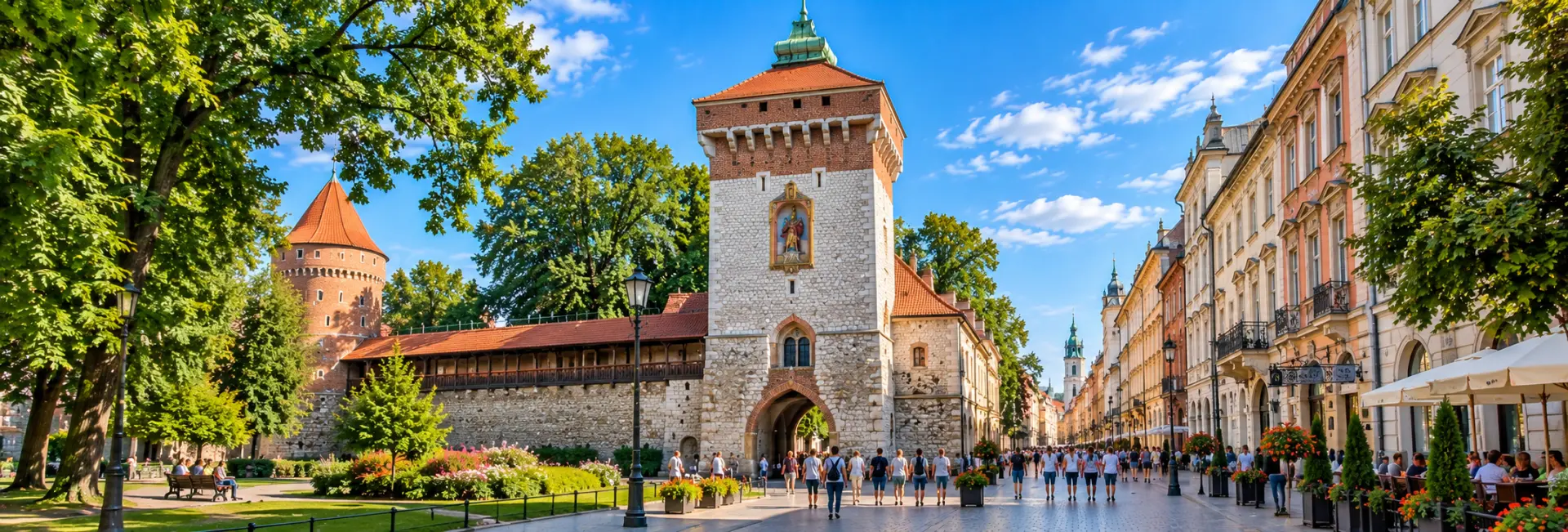 Kraków Old Town, Poland, with St. Florian’s Gate, medieval walls and historic streets