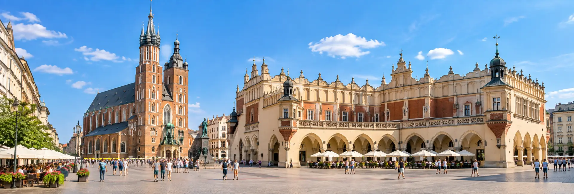 Main Market Square (Rynek Główny) in Kraków, Poland, with St. Mary's Basilica and Cloth Hall