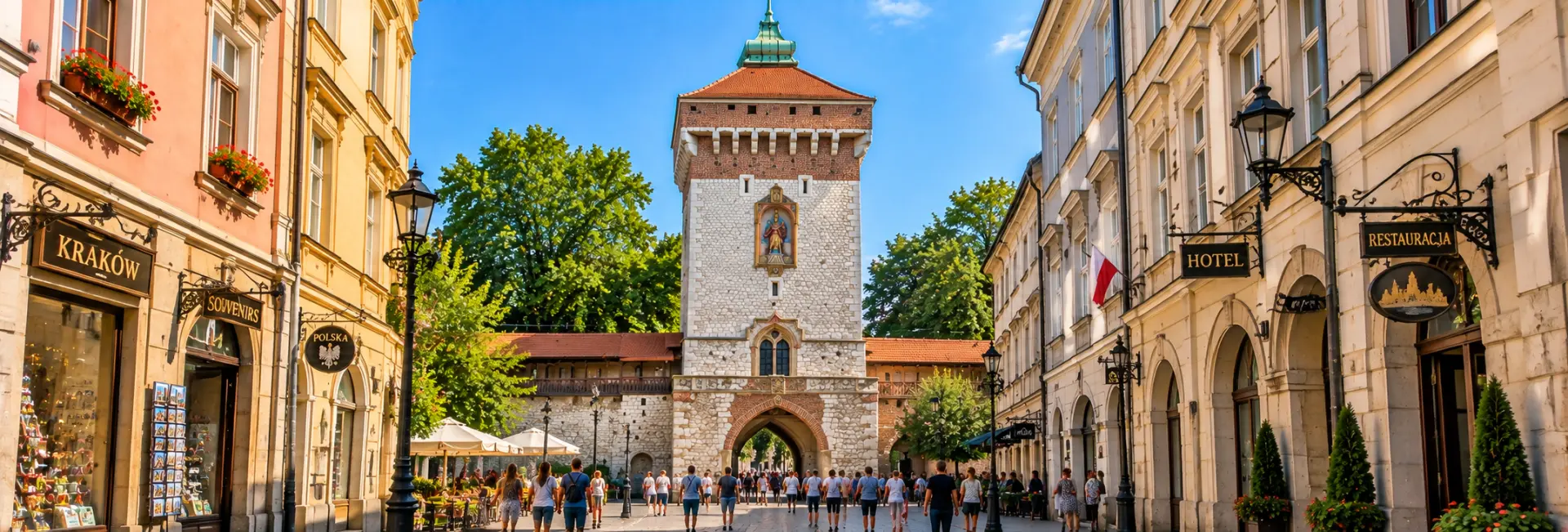 St. Florian’s Gate in Kraków, Poland, viewed from the historic pedestrian street