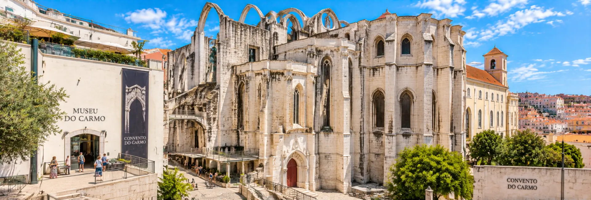 Carmo Convent in Lisbon, Portugal, with its dramatic Gothic ruins and open stone arches.