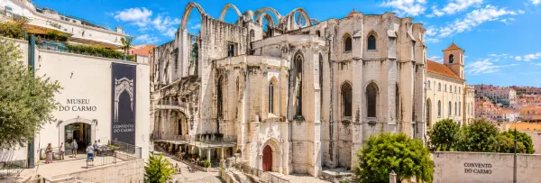 Carmo Convent in Lisbon, Portugal, with its dramatic Gothic ruins and open stone arches.