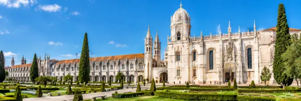 Jerónimos Monastery in Lisbon, Portugal, showcasing its ornate Manueline architecture and historic façade.