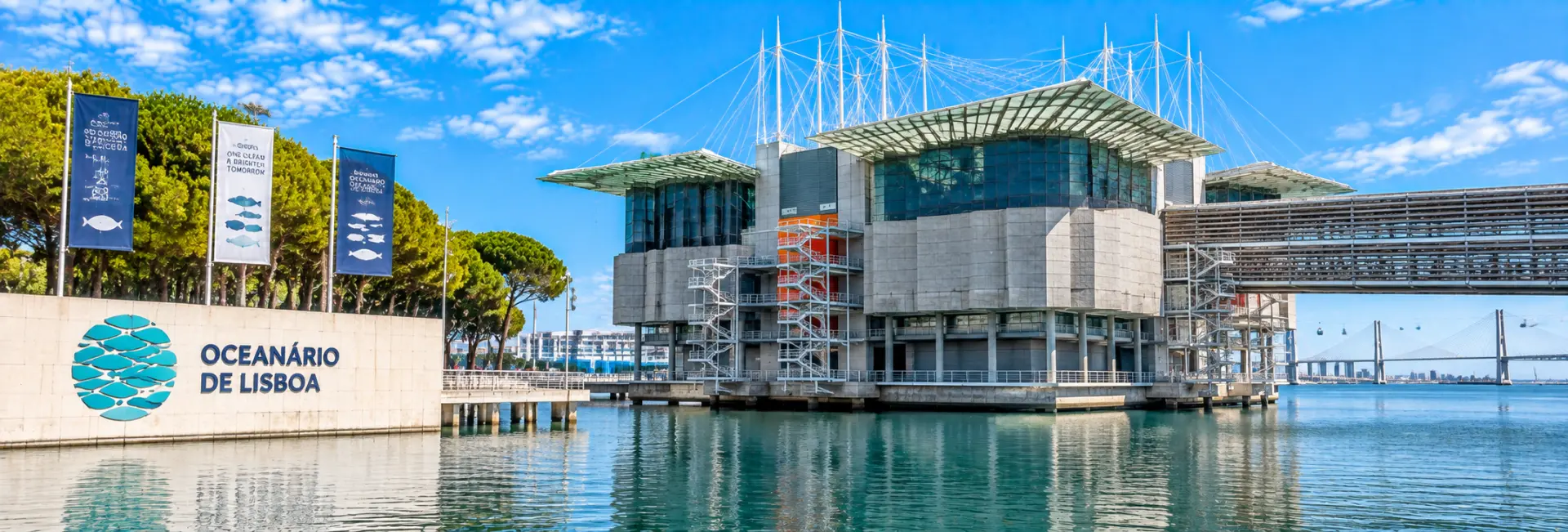 Oceanário de Lisboa in Lisbon, Portugal, with its modern waterfront architecture and distinctive glass canopy.