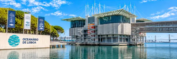 Oceanário de Lisboa in Lisbon, Portugal, with its modern waterfront architecture and distinctive glass canopy.