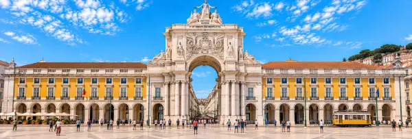 Rua Augusta Arch in Lisbon, Portugal, rising above Praça do Comércio and the historic Rua Augusta.