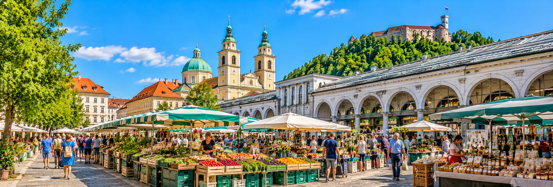 Central Market in Ljubljana, Slovenia, featuring fresh produce stalls, local vendors and historic architecture.