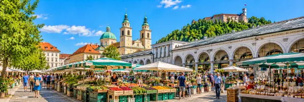 Central Market in Ljubljana, Slovenia, featuring fresh produce stalls, local vendors and historic architecture.