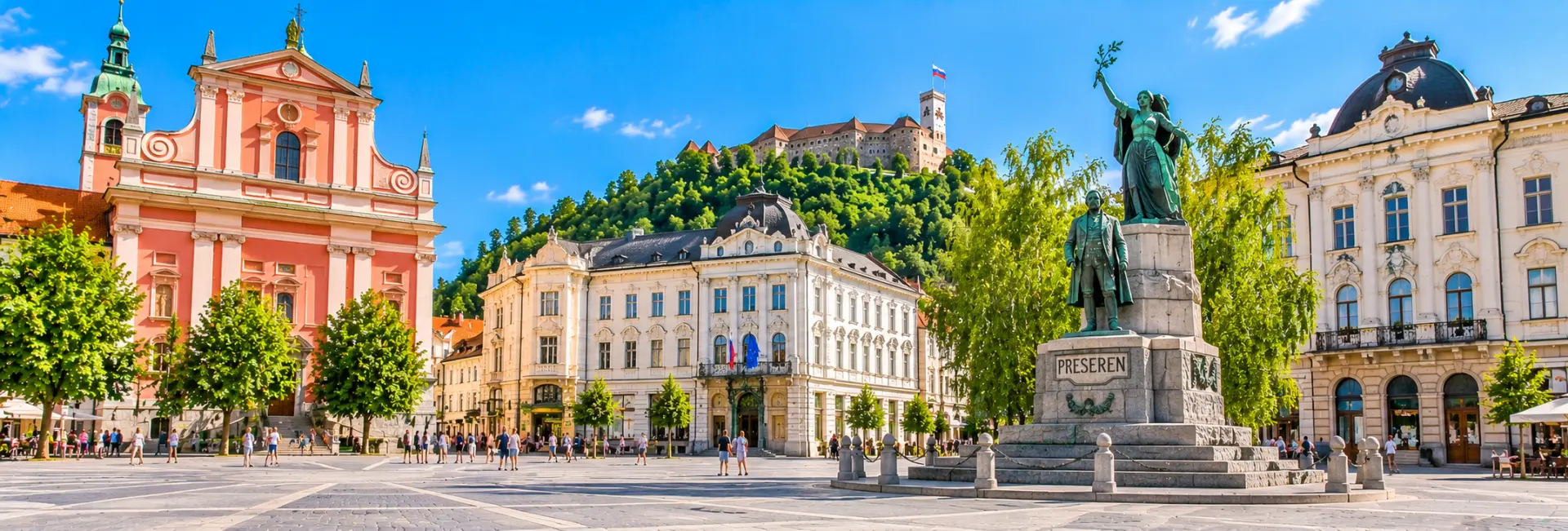 Congress Square in Ljubljana, Slovenia, featuring historic architecture, an open plaza and Ljubljana Castle.