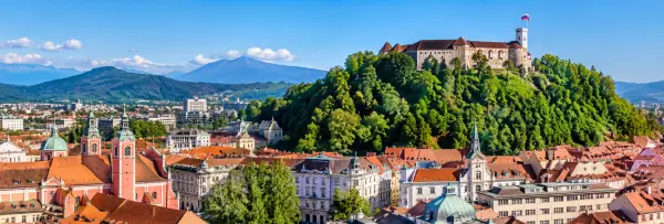 Ljubljana Castle overlooking the historic rooftops and scenic cityscape of Ljubljana, Slovenia.