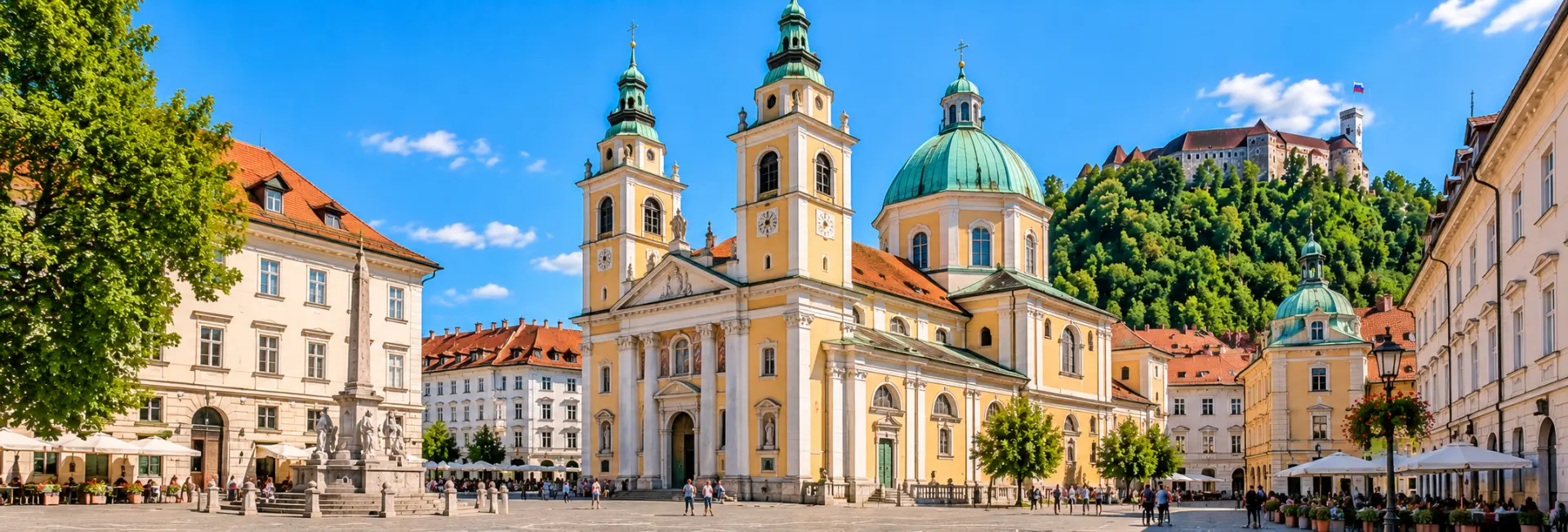 Ljubljana Cathedral in Slovenia featuring its Baroque architecture, green dome and historic bell towers.