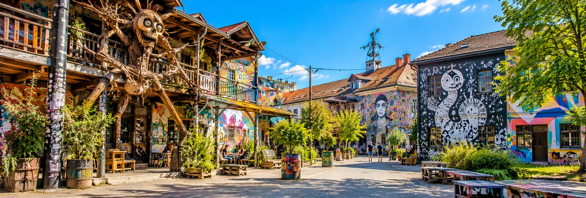 Metelkova Art Center in Ljubljana, Slovenia, featuring colorful street art, graffiti murals and creative installations.