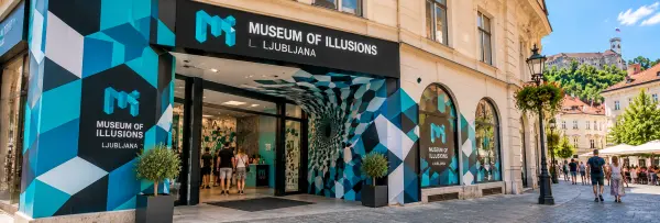 Museum of Illusions in Ljubljana, Slovenia, featuring its colorful geometric entrance and optical illusion designs.