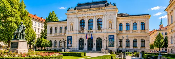 National Gallery of Slovenia in Ljubljana featuring its grand historic façade and elegant architectural details.