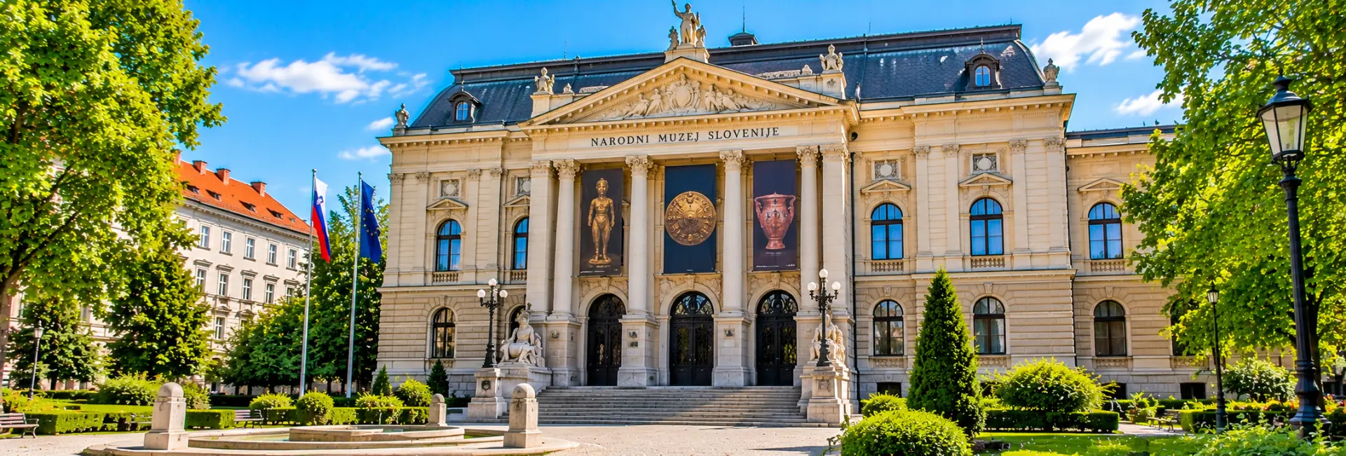 National Museum of Slovenia in Ljubljana featuring its historic façade, grand entrance and architectural details.