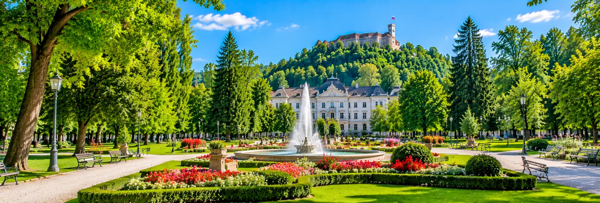 Tivoli Park in Ljubljana, Slovenia, featuring lush green gardens, colorful flowerbeds, walking paths and a fountain.
