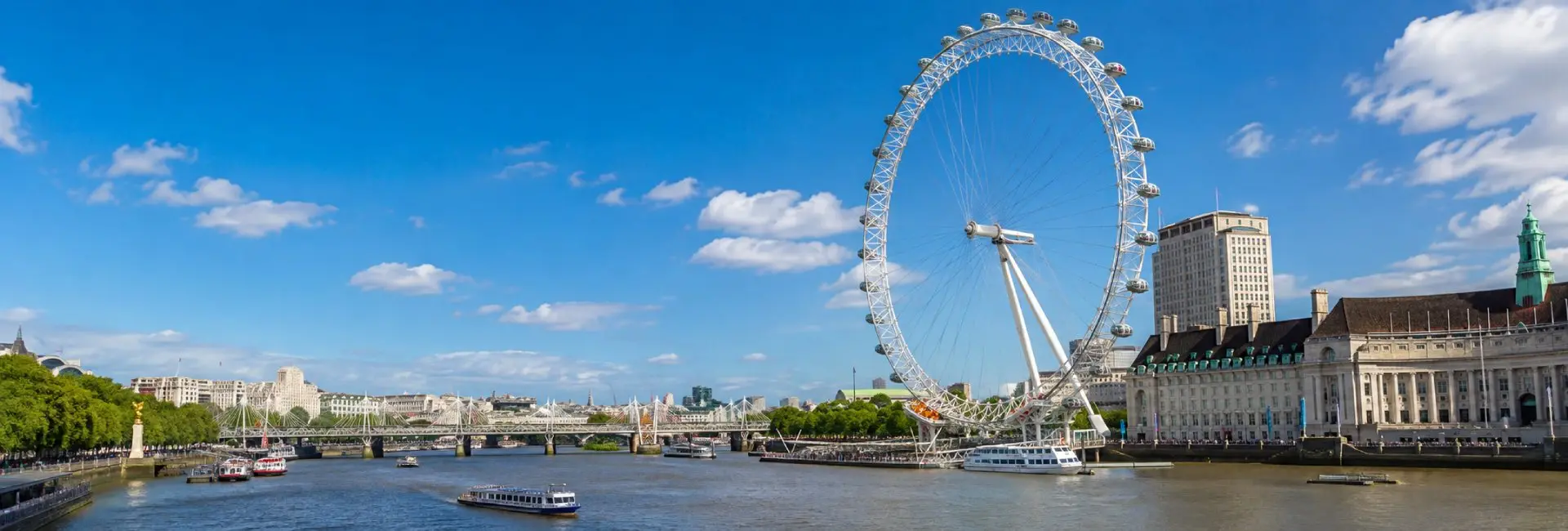 London Eye overlooking the River Thames in central London on a bright sunny day