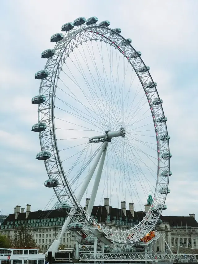 London Eye towering above the South Bank with its iconic glass capsules under a cloudy daytime sky.
