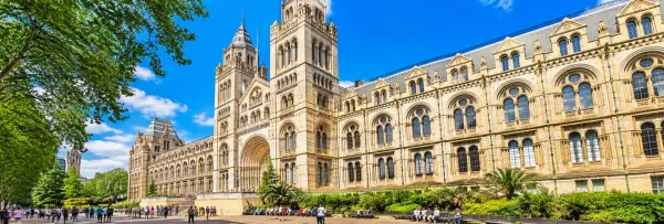 Natural History Museum in London with its iconic Romanesque façade under a bright blue daytime sky.