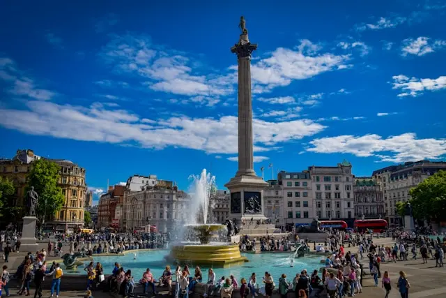 Nelson's Column and fountain in Trafalgar Square, London