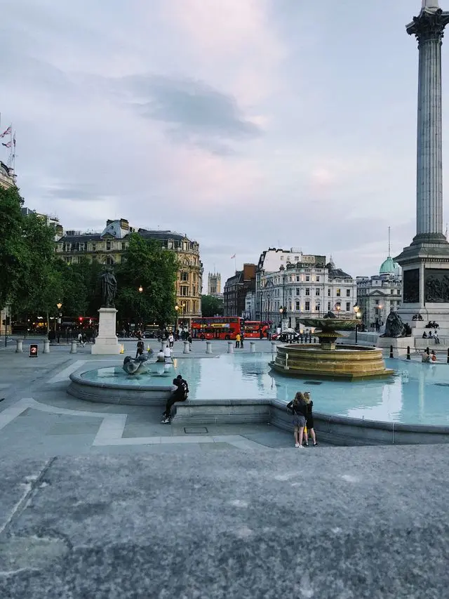 Trafalgar Square with Nelson's Column and fountains in London
