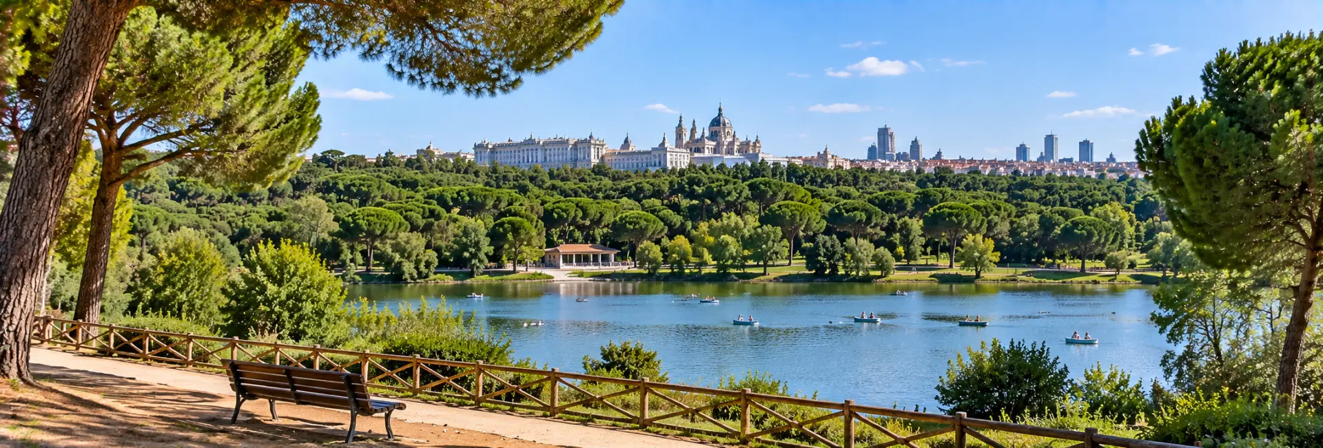 Casa de Campo in Madrid with its scenic lake, boats, greenery, and city skyline