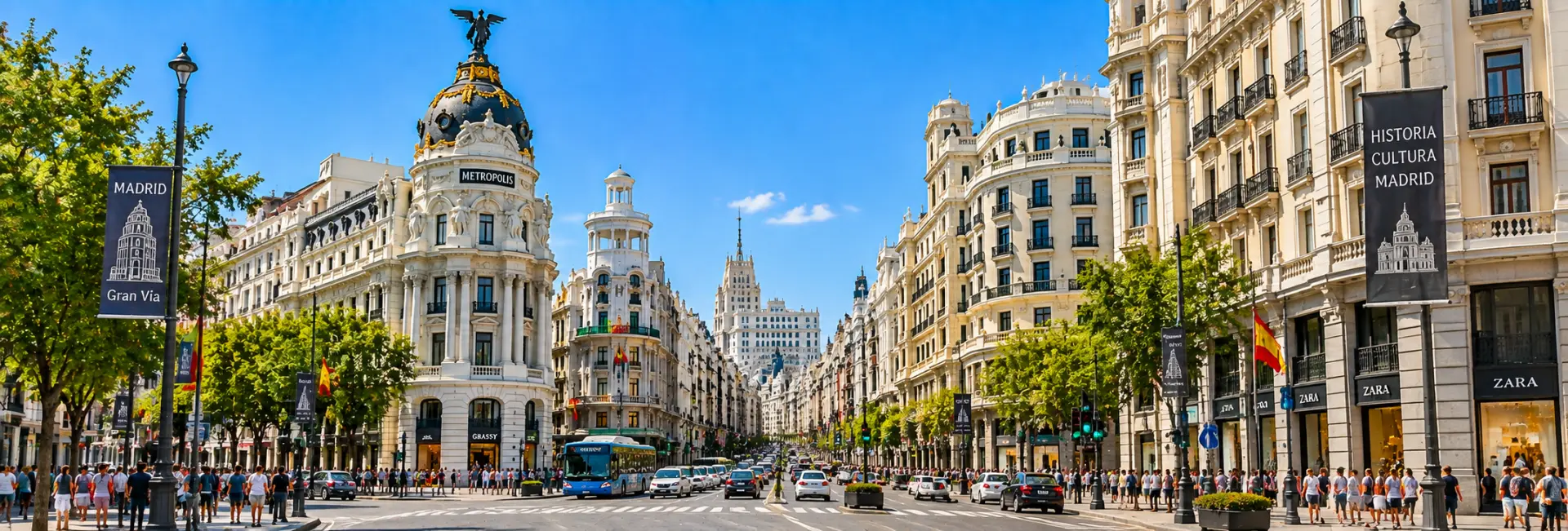 Gran Vía in Madrid with the iconic Metropolis Building and grand historic architecture