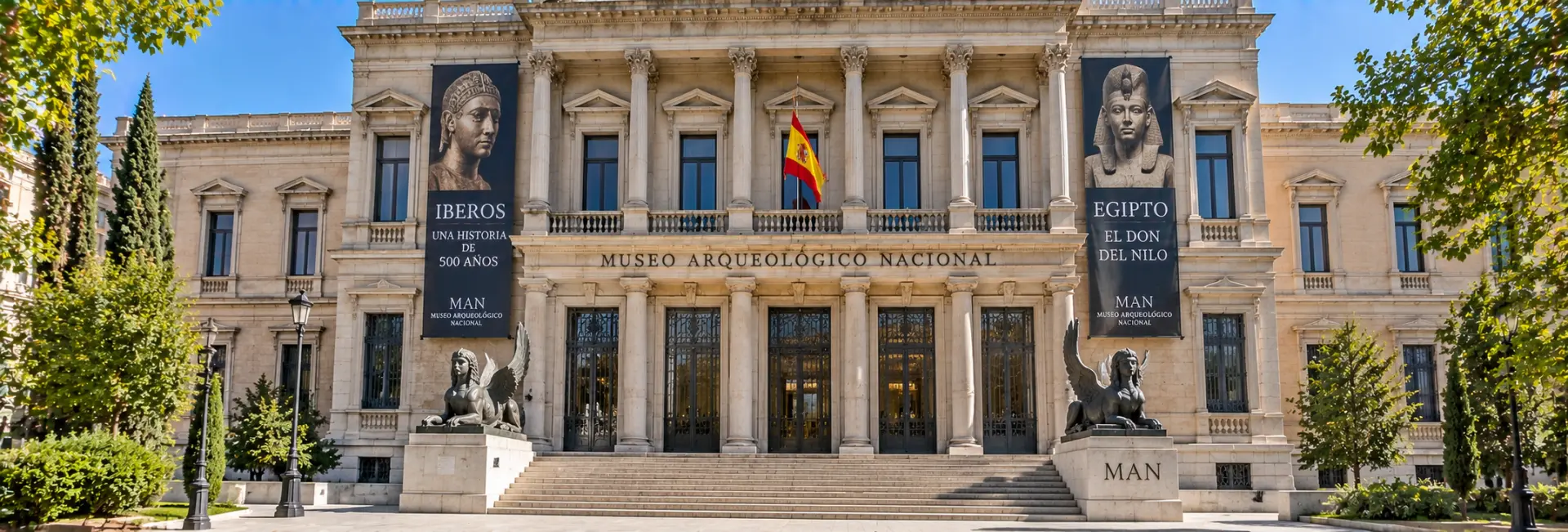 National Archaeological Museum in Madrid with its neoclassical façade and sphinx statues