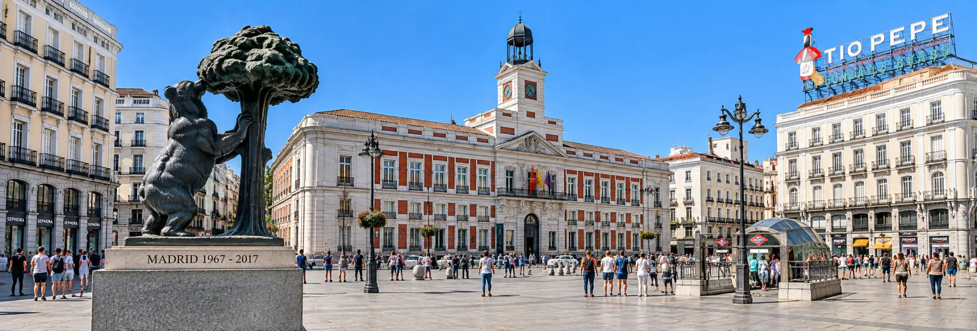 Puerta del Sol in Madrid with the Bear and Strawberry Tree statue and historic buildings