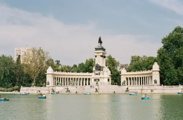 Monument and lake in Retiro Park Madrid