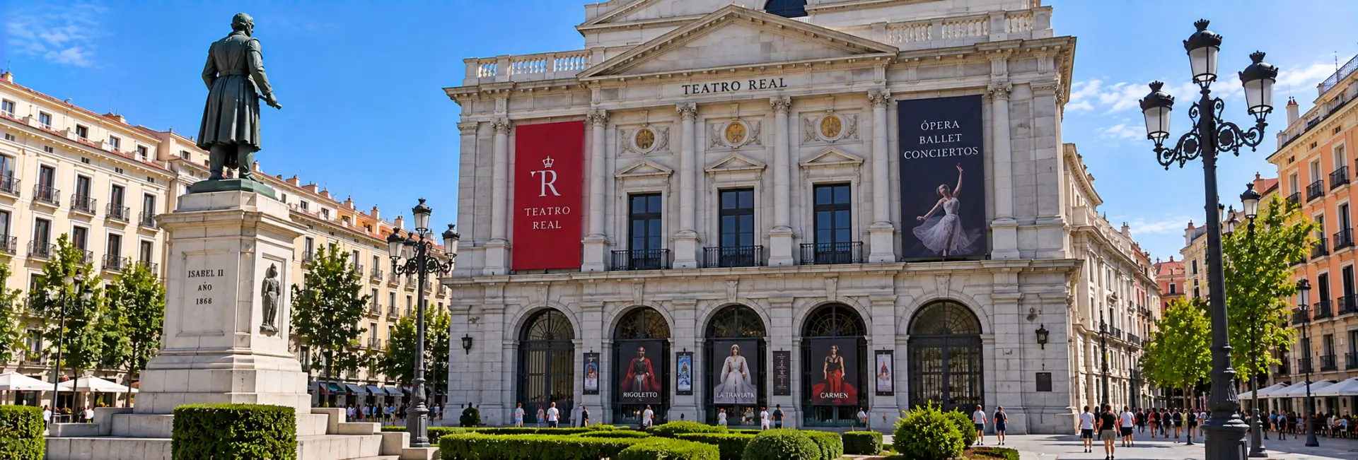 Teatro Real in Madrid with its grand neoclassical façade and opera banners