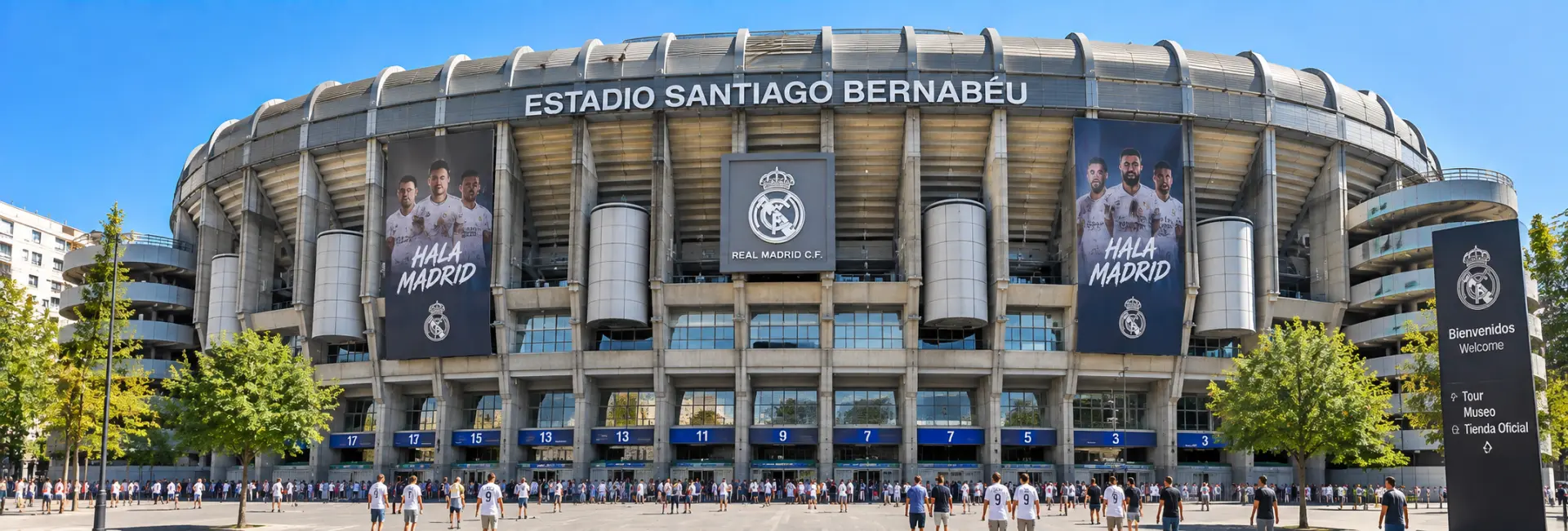 Santiago Bernabéu Stadium in Madrid with its iconic façade and Real Madrid banners