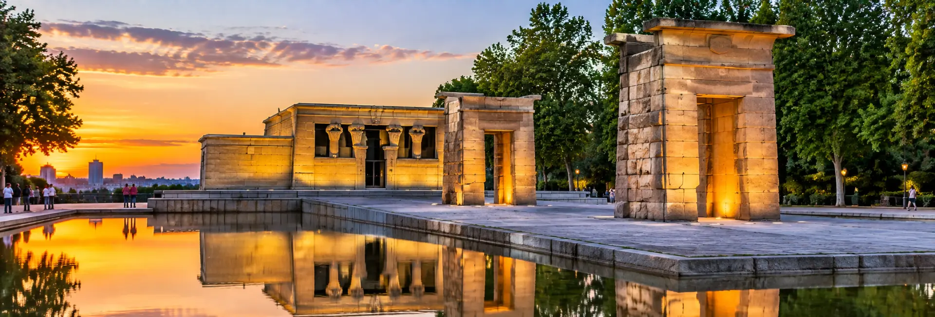 Temple of Debod in Madrid at sunset with its ancient Egyptian architecture and reflecting pool