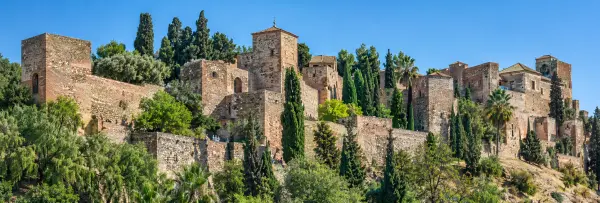 Alcazaba of Málaga with stone towers and fortress walls amid hillside greenery.