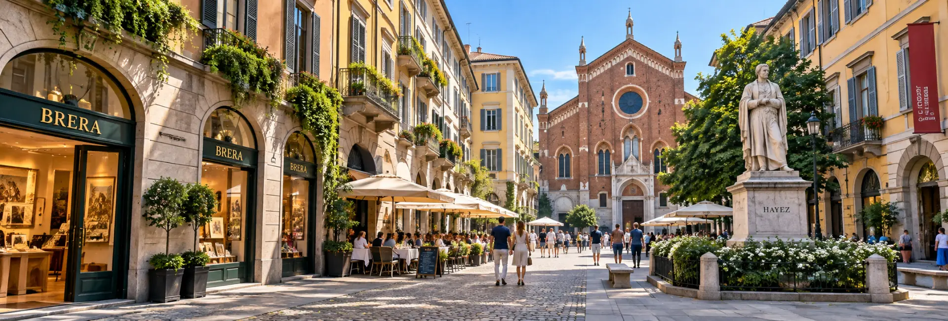 Brera District in Milan with historic buildings, cafés, cobblestone streets and lively outdoor dining.