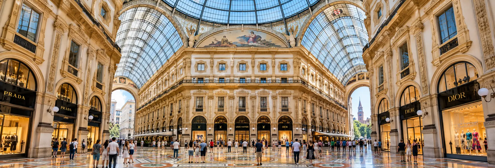 Galleria Vittorio Emanuele II with its glass dome, ornate architecture and luxury shops in Milan