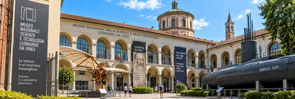 Leonardo da Vinci Museum of Science and Technology in Milan with historic architecture and outdoor exhibits.
