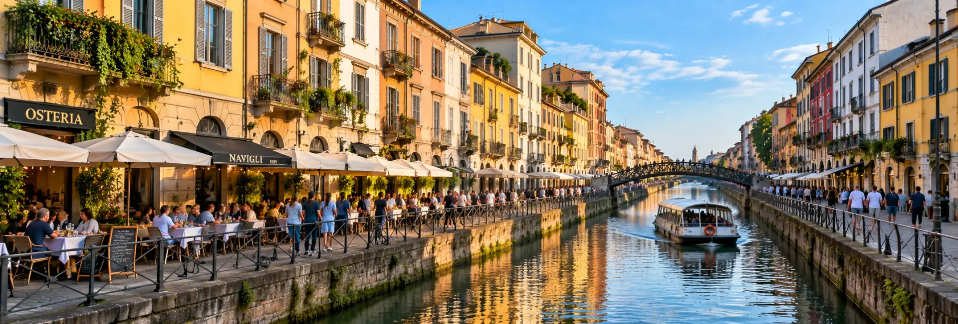 Navigli District in Milan with colorful canal-side buildings, cafés, a bridge and boats.
