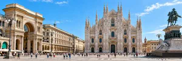 Piazza del Duomo in Milan with the magnificent Duomo Cathedral and Galleria Vittorio Emanuele II.