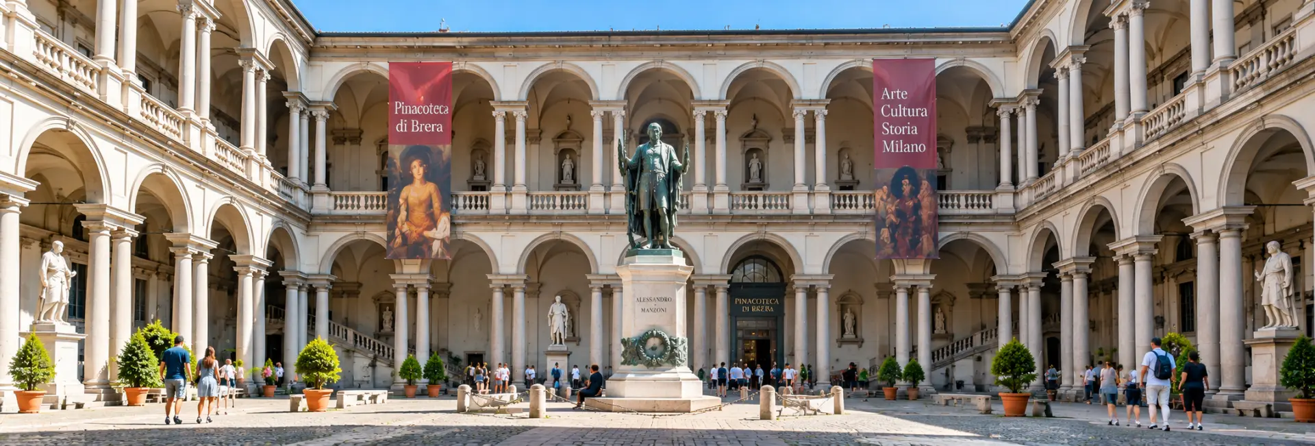 Pinacoteca di Brera in Milan with its elegant historic courtyard, arches, columns and sculptures.
